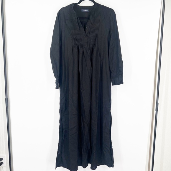 Piombo Black Long Sleeve Maxi Dress Linen Blend Side Slits - Picture 1 of 8